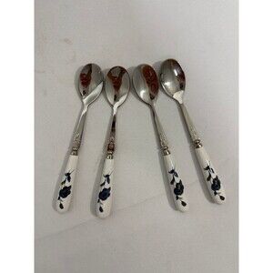 4 Porcelain Handled Stainless Steel Spoons Coffee Tea Dessert Lot NEW